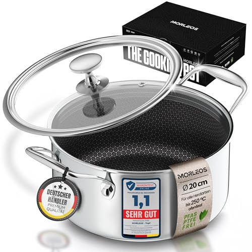 MORLEOS Schmortopf kratzfeste Antihaft-Waben-Keramikbeschichtung - 3 Liter, Ø 20×10 cm, 1,8 kg - modernen flachen Glasdeckel energiesparender 5-Schicht-Kochtopf - induktionsgeeignet