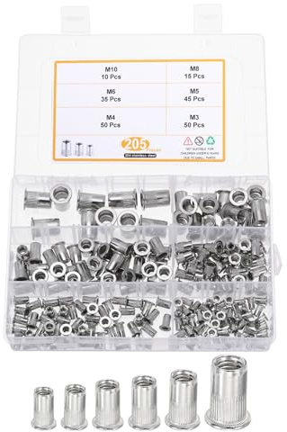 sourcing map 205 Pcs Rivet Nut, 304 Stainless Steel Metric Thread Rivet Nuts Kit Flat Head Threaded Insert Nuts M3/ M4/ M5/ M6/ M8/ M10 for Automotive, Home Decor and Industrial, Silver