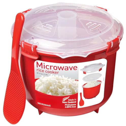 Microwave Rice Cooker 2.6L BPA-Free – Dishwasher, Freezer & Microwave Safe Steam Cooker – Easy Rice, Polenta & Couscous Cooking – Red Cool-Touch Handles with Easy-Lock Clips