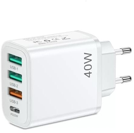 EU travel adapter charger, fast charging 1 USB C and 3 USB A European plugs, European wall adapter with 3 USBA port and 1 Type C ports, Compatible with fast charging of iPhone/Samsung and others