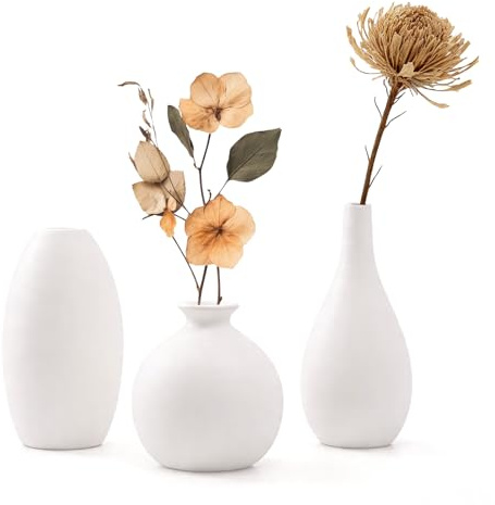 Keramikvase Set, 3 Weiße Keramik Vase, Kleine Blumenvasen | Vasen Deko Modern für DIY, Wohnzimmer, Regaldekor, Esstisch Bücherregal Kaminsims