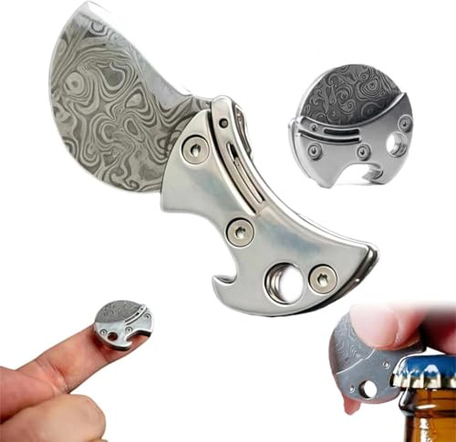 Mini Titanium Beer Bottle Opener & EDC Cutter – Lightweight Compact Bottle Openers Keychain Tool with Damascus Steel Blade, Multifunctional Pocket Tool for Camping, Packages, DIY & Everyday Carry