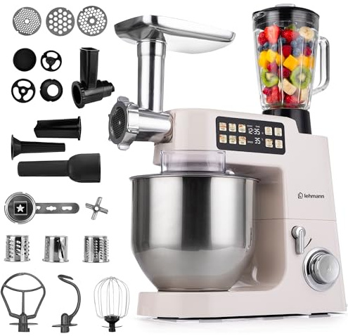 LEHMANN Teyles Multifunktions-Küchenmaschine 8L 2100W mit Waage & Heizschüssel, Planetarische Knetmaschine für Brot- & Pizzateig, 1,5-Liter-Mixer, Fleischwolf, Touchdisplay, Beige