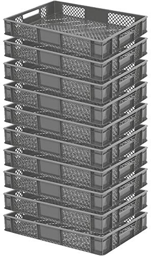 lot de 10 Bac gerbable normes Europe à parois et fonds ajourés - L x l x h 600 x 400 x 90 mm - gris