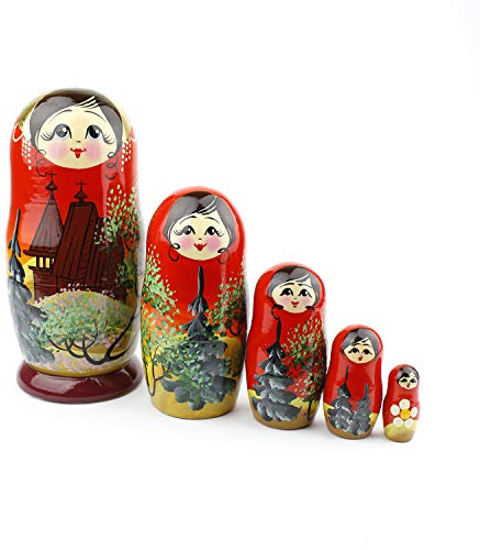 Heka Naturals Russische Matroschka-Puppen, 5 traditionelle Matroschkas Kirchen-Stil | Babuschka Holzpuppen, Tempel-Design, Handgefertigt in Russland | Kirchen, 5 Stück, 18 cm