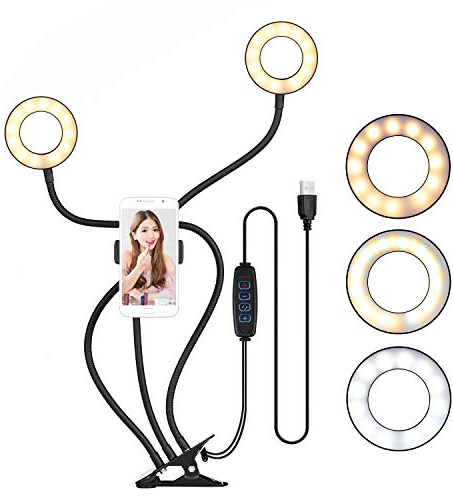 Andoer Selfie Ring Light for Phone with Phone Holder Stand for Live Stream Makeup LED Clip On Desk Lamp Mini USB Filming Lights Compatible with iPhone Android Smartphone