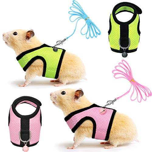 SATINIOR 2 Stück Meerschweinchengeschirr und Leine, Frettchen, Ratten, Hamster, weiches Netz-Geschirr, Leine, Weste, Set mit Glöckchen für kleine Haustiere, Kaninchen, Leguan, Eichhörnchen, pink, S