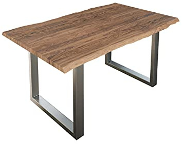 SAM Esstisch Lauren 180x90 cm Akazie Stone Baumkante U-Gestell Silber | Baumkantentisch massiv, Akazienholz stonefarben, Metallgestell, Esszimmertisch
