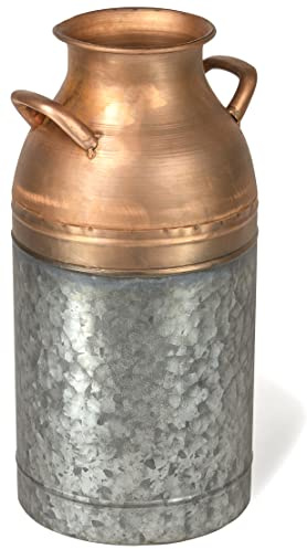 Red Co. 16” Tall Large Decorative Galvanized Metal & Copper Jug Vase with Handles, Distressed Grey/Rose Gold