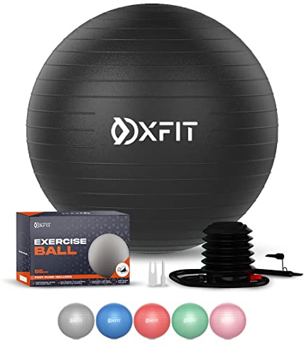 OXFIT Multi Size Anti-Burst Gym Ball - Yoga, Pilates, Pregnancy & Labour Ball with Foot Pump - 60-65cm (M), Black