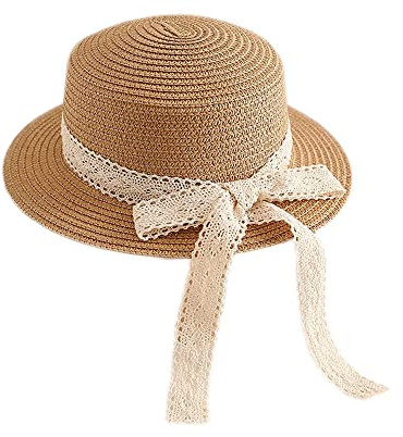 Little Girl Kids Breathable Summer Straw Hat Foldable UV Protection Bowknot Wide Brim Floppy Beach Sun Visor Hats (Hat-Brown)