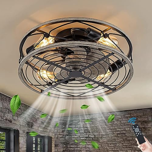 TRUYOK E27 Retro Deckenventilator Mit Beleuchtung und Fernbedienung Leise Fan Deckenleuchte Industrial Vintage Eisenkäfig Ventilator Deckenlampe Für Schlafzimmer Wohnzimmer Küche Lampe Pendelleuchte