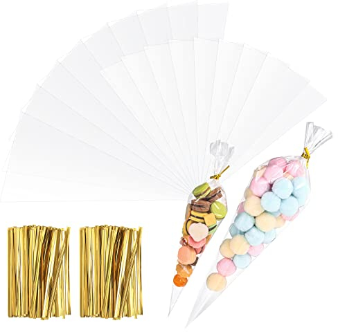 200 Stk Candy Bar Tüten, Cone Tüten Transparente, Süßigkeiten Tüten, Kegeltüten Durchsichtige, Plastiktüten, Geschenktüten für Schokolade Kekse Popcorn Geschenke, mit 200 Stk Kabelbinder