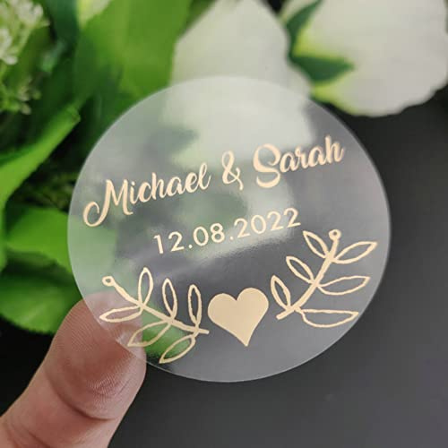 100 personalisierbare, glänzende, goldfarbene, transparente Aufkleber, Partygeschenke, Etiketten, personalisierbar, für Hochzeit, Verlobung, Jahrestag, Geburtstag (Gold, 4 cm)