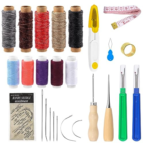 Swpeet 30 st grundläggande lädersy-kit, läderverktyg och tillbehör, läderarbetskit med stoppad garn, 150D vaxlinje, sysysyl, söm ribber, måttband, läder synålar