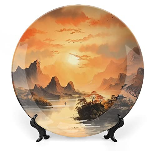 Gokays Decorative Plates for Wall Hanging, Ancient Chinese Mountain & Pavilion Landscape Ink Painting Ceramic Plate with Display Stand, Home Decor for Kitchen Cabinets, Farmhouse Round Tray 6 Inch