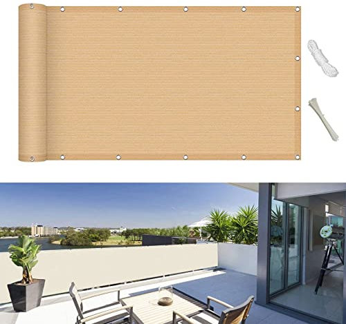 Balkon sichtschutz 130 x 300 cm Wind HDPE UV-Schutz Blickdichte Windschutz mit Ösen und Kabelbinder für Balkon Garten im Freien, Sandgelb
