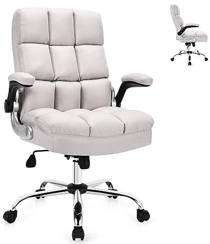 SFAREST Executive Office Chair, Height Adjustable Padded Task Chair with Flip-Up Armrests & Tilting Backrest, 360° Rotating Computer Chair for Home Office, Study (Beige)
