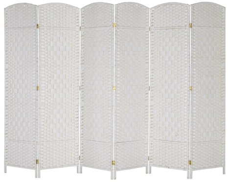 VINGLI 6-Panels Tall Rattan Room Divider, 6 FT Folding Privacy Screen, Indoor Partition Wall Dividers, Freestanding Hinged Space Separator (White)