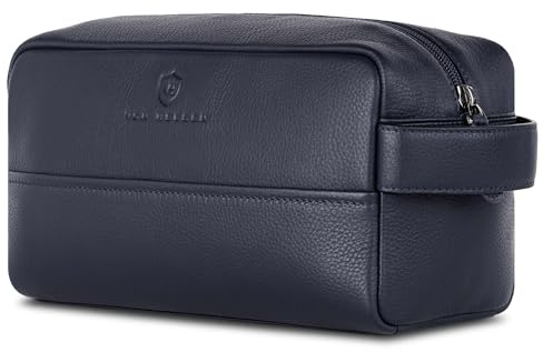 VON HEESEN Kulturbeutel Leder Kulturtasche für Herren & Damen - Echtleder Necessaire ideal zum Reisen - Waschtasche und Kosmetiktasche mit einem Hauptfach blau, groß
