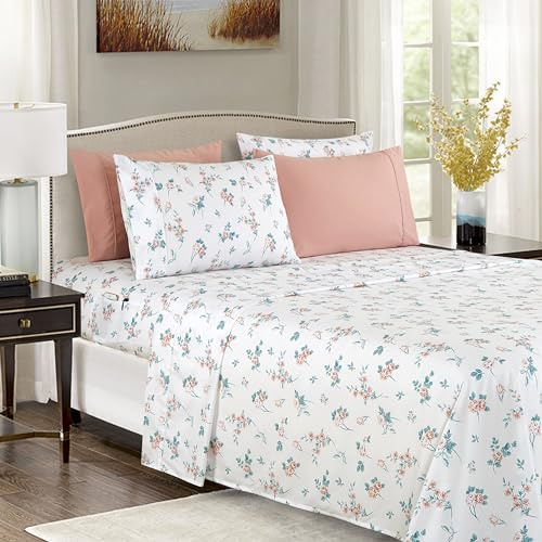 Elegant Comfort Softest and Coziest 6-Piece Sheet Set - 1500 Premium Hotel Quality Microfiber - Deep Pocket, Wrinkle Resistant 6-Piece Floral Bed Sheet Set, Queen, Celia Pink