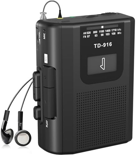 FIOLEES Portable Cassette Recorder Player, Compact Vintage AM FM Tape Player Walkman with Large Speaker, Stereo Headphone Jack, Supports Microphone Recording, USB Powered