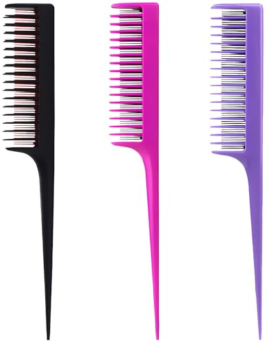 3 Pack Professional Teasing Comb, Tail Comb for Root Teasing for Thin, Add Volume Fine and Normal Hair Types, Hair Comb For Women And Men, 8.15 Inches - Black, Magenta, and Purple