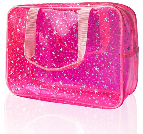 TotePrint Trousse porta trucchi grande trasparente con stelle e borsa da viaggio con manico, materiale durevole, design con cerniera - ideale per il trucco, articoli da viaggio, Rosa