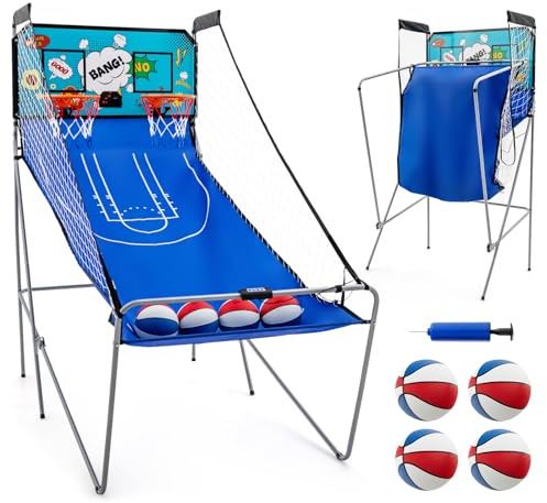 COSTWAY 8 in 1 Basketballautomat, elektrischer Baskeltballständer klappbar, Schießmaschine mit 4 Bällen, 8 Spielmodi, Luftpumpe für 2 Spieler, Arcade Basketballspiel für Kinder Erwachsene