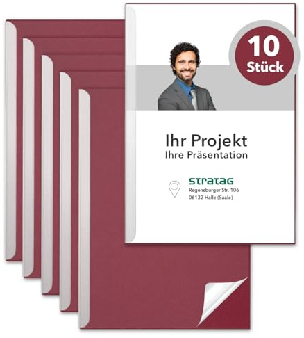 STRATAG Klemmschienen-Set (10 Stück) mit transparentem Deckel aus PP Kunststoff sowie Binderücken aus stabilem 350 g/m² Karton (Klemmmappe A4 Granatrot)
