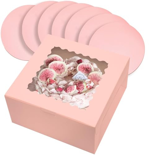 Gcardist Boîte à gâteau 25,4 x 25,4 x 12,7 cm, 5 ensembles de boîte à gâteau rose avec fenêtre et 5 ensembles de planches rondes pour gâteau rose de 25,4 cm, contenants à gâteau de 25,4 cm