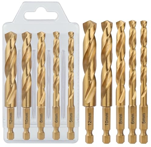 Vearter 5 Stück M2 HSS Bohrer Set für Metall, 5/6/8/10/12mm Metallbohrer mit Sechskantschaft, Spiralbohrer für Edelstahl, Hartstahl, Gusseisen, Kupfer, Aluminium, Holz, Kunststoff