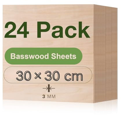 ROBOTIME 3mm Plywood Sheets Cut to Size 30×30 CM 24 Pack Wood Burning Model Making Laser Ply Material, Thin Wood Sheets for Craft Projects
