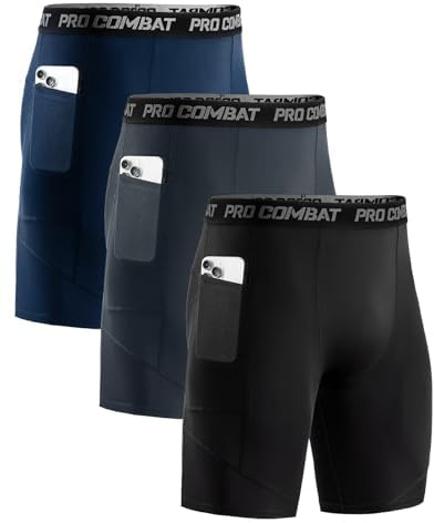 Niksa 1-pack kompressionsshorts för män, sportkalsonger, snabbtorkande löparbyxor, män, korta med mobiltelefonficka, Svart + grå + marinblå (förpackning med 3), L