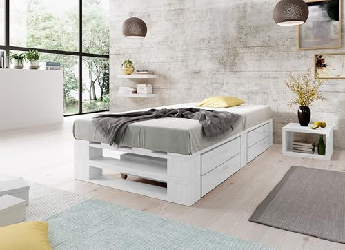 Lermowood Palettenbett M2 aus Holz 120 x 200 cm Weiß mit Lattenrost und 2 Bettkästen Holzbett 40cm Stabiles Seniorenbett Kinderbett Jugendbett Gästebett erhöhtes Bettgestell Futonbett Komforthöhe