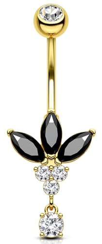 OUFER 14G Suspendu Piercing Nombril Or Anneau de Nombril Acier Chirurgical 316L Fleur Transparente CZ Noir Marquise Belly Bar Piercing Corporel Pour Femme 10 mm