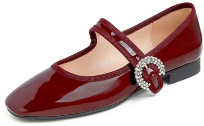 Feversole Women's Square Toe Mary Jane Fashion，Punta Quadrata Easy Buckle Tacco Basso Slip On Flats in Rosso Borgogna Pat Foderato di Pelliccia Taglie 38 EU
