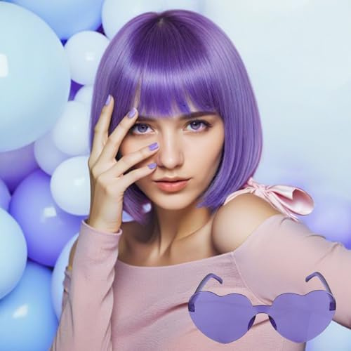 BECULINA Peluca Bob lila clara【+gorro para el cabello】 Peluca con flequillo lila lila brillante para mujer, pelucas para cosplay, Halloween, fiesta de disfraces