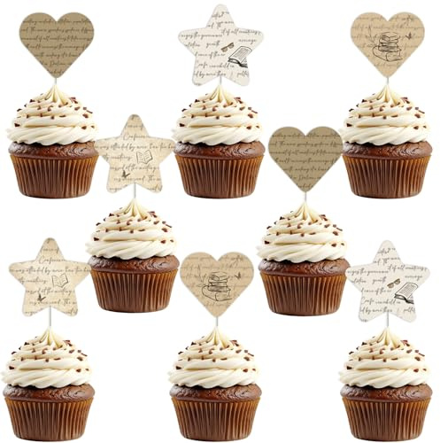 Funmemoir Vintage Book Themed Party Decorations - 24PCS Book Club Cupcake Toppers, Newspaper Library I Love Reading Books Lover Classroom School Home Birthday Party Baby Shower Cake Decor