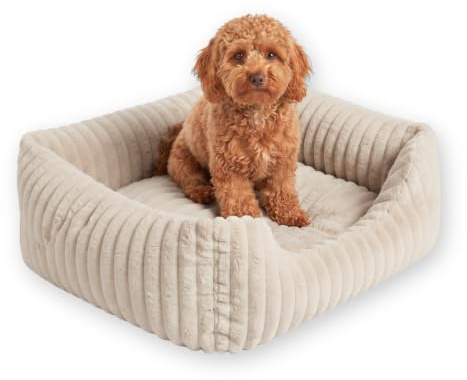 4L Textil Bella Plüsch-Hundebett Premium-LINE Kuscheliges Hundekörbchen aus Cord Katzenkorb Hundekorb für Welpen Hundebett flauschig Hundesofa kleine Hunde (Beige, 60x40 cm)