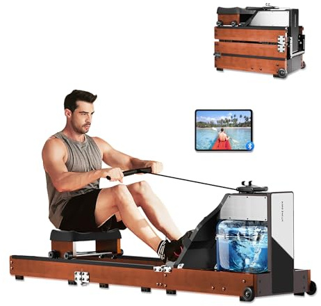 Rudergerät für Heim-Fitnessstudio, Wasserwiderstand Rudergerät mit 5 Stufen Einstellung, 120kg Gewichtskapazität App-kompatibel, Rote Eiche