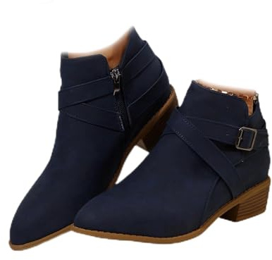 POIOZXD Bottines à talon épais en cuir pour femme avec boucle et fermeture éclair latérale, tendance, confortable, bout rond, talon bas empilé, bottines pour femme, bleu, 39.5 EU