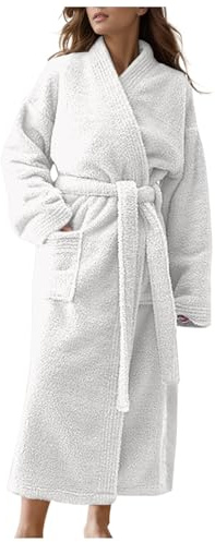Peignoir de bain long pour femme - En tissu éponge moelleux - Vêtement de nuit - En coton léger - Élégant - Couleur unie, Blanc., XL
