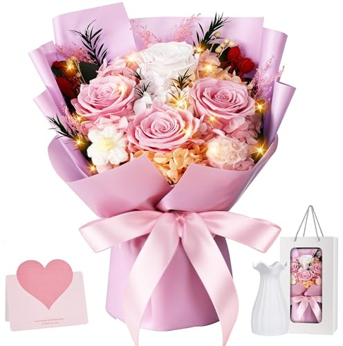 4 Roses Bouquet with Vase, Preserved Real Rose, Long-Lasting Eteranl Rose Bouquet Gift for Women Girlfriend Wife on Valentine's Day Birthday Anniversary Mother's Day Christmas Pink