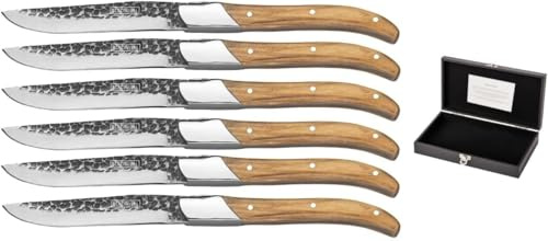 Blackwell Laguiole Lot de 6 couteaux à steak | Tranche noire brute | Manche en bois d'olivier | Lames en acier inoxydable poli | 23 cm | Avec boîte cadeau