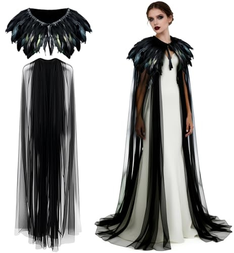 shallyong Federkragen Schwarz, Federumhang Schwarz mit Tüll Umhang Lang, Maleficent Kostüm, Pfau Kostüm, für Karneval Cosplay Partys Feste Halloween