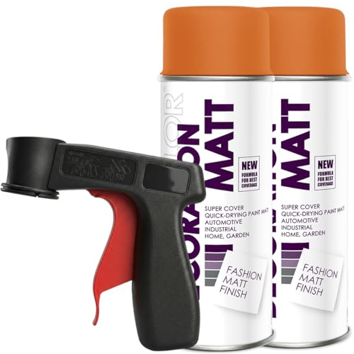 Craft-Equip DC 2er Sparpack Lackspray Matt nach RAL in 400ml zur Lackierung von Auto Stahl Aluminium Beton Holz und Haltegriff (2 Dosen in orange MATT RAL 2004 + Haltegriff)