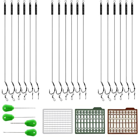 yotutun Montage de Cheveux pour la Pêche à la Carp, 18 Pièces Bas de Ligne Carpe Hameçons à Carpe Incurvés Barbelés avec Aiguille à Appât et Bouchon en Filet pour Eau Douce, Eau de Mer (6# 8# 10#)