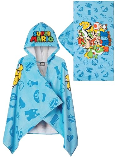 Super Mario Toalla Capucha Niño, Mario y Luigi Toalla Piscina para La Playa, El Baño Y La Piscina, Blue, One Size