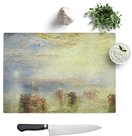 Kitchen Chopping Board Glass - J.M.W. Turner (Joseph Mallord William Turner) Approach to Venice - Textured Worktop Saver Cutting Board - Heat Resistant, Shatterproof and Hygenic - 39 x 28.5 cm